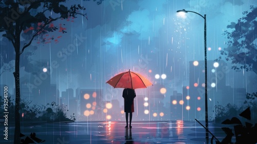 lonely man under an umbrella in the rain in a big city  the atmosphere of rain and sadness with hopes