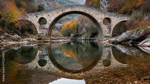 A bridge spans a river with a reflection of the bridge in the water. The bridge is old and has a rustic appearance. The water is calm and clear, and the surrounding trees are in full autumn color photo