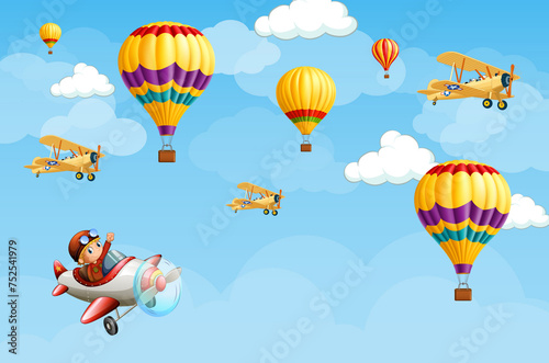 children's picture with mountains, planes and balloons for digital printing wallpaper, custom design wallpaper 