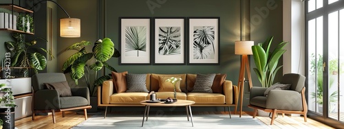 Mockup of an elegant Nordic living room with sofa and paintings, cinema lighting