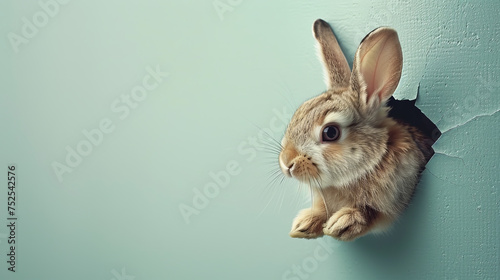 An adorable bunny head pokes through a torn circular hole in a vibrant teal paper, symbolizing curiosity and surprise