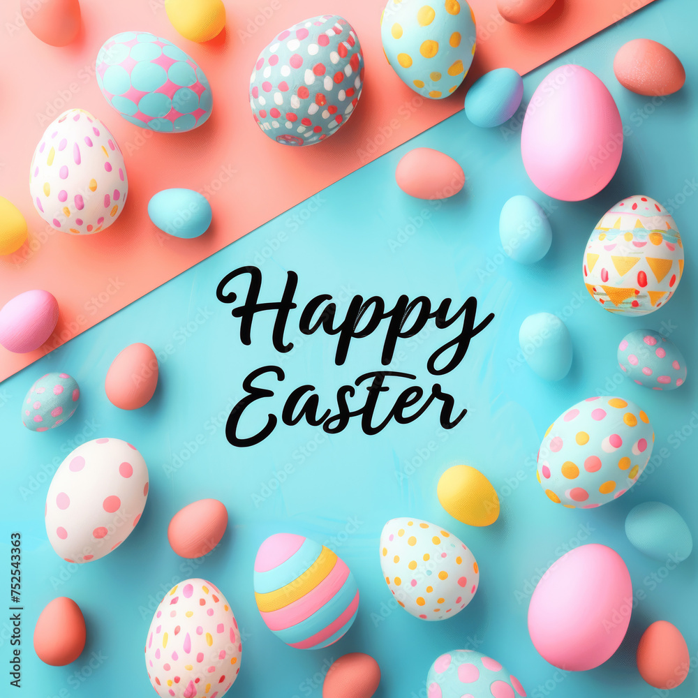 Colorful Happy Easter message amidst a playful arrangement of patterned eggs on a gradient backdrop