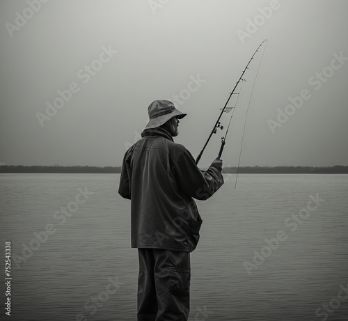 A male fisherman is fishing by the pond. The process of fishing. Hobbies and earnings. Poaching.