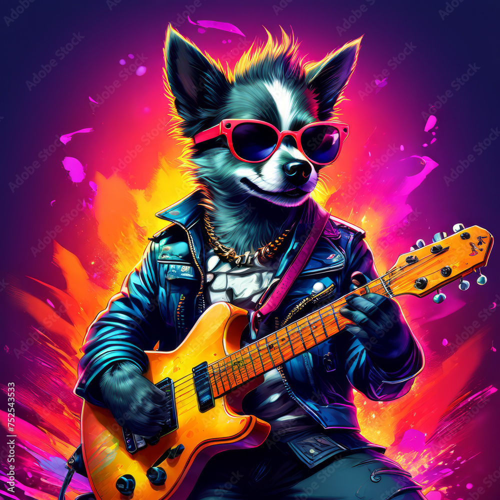 rock star dog play with guitar created with generative AI software