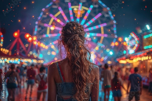 Magische Nacht: Junge Frau vor leuchtendem Riesenrad auf dem Rummelplatz