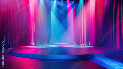 A dynamic stage setting for product showcases, integrating moving lights and vibrant colors to captivate audiences