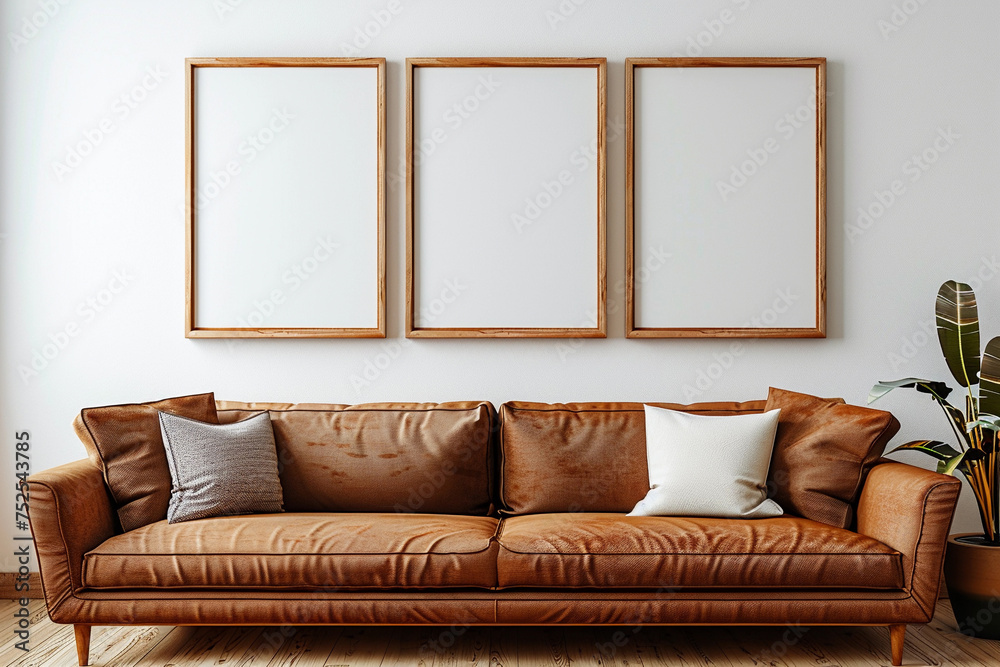 Living room with brown couch and set of three framed pictures. Contemporary interior for wall art mock up. Living room with brown couch and set of three framed pictures. Contemporary interior for wall art mock up.