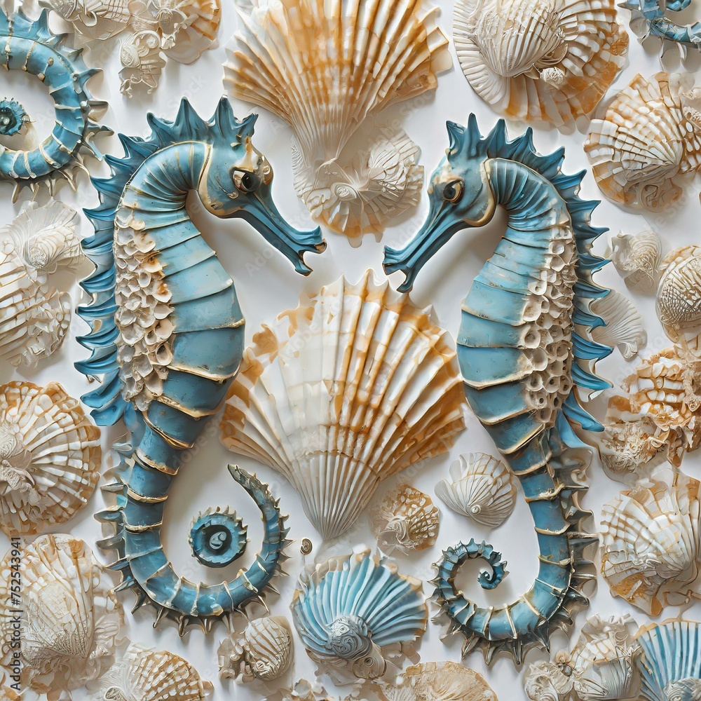 Ilustracja 3D z konikami morskimi i muszlami - obrazy, fototapety, plakaty 
