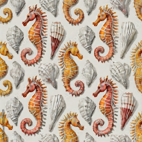 Colorful illustration, wallpaper with seahorses and shells