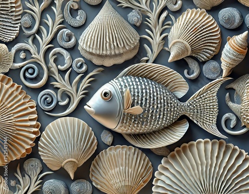 Tapeta 3D z rybami i muszlami