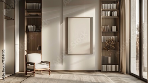 a modern library room, characterized by its minimalistic aesthetic and warm color palette of white, gray, and beige, an empty vertical photo frame on the wall, inviting high-detail mockup realism © lililia
