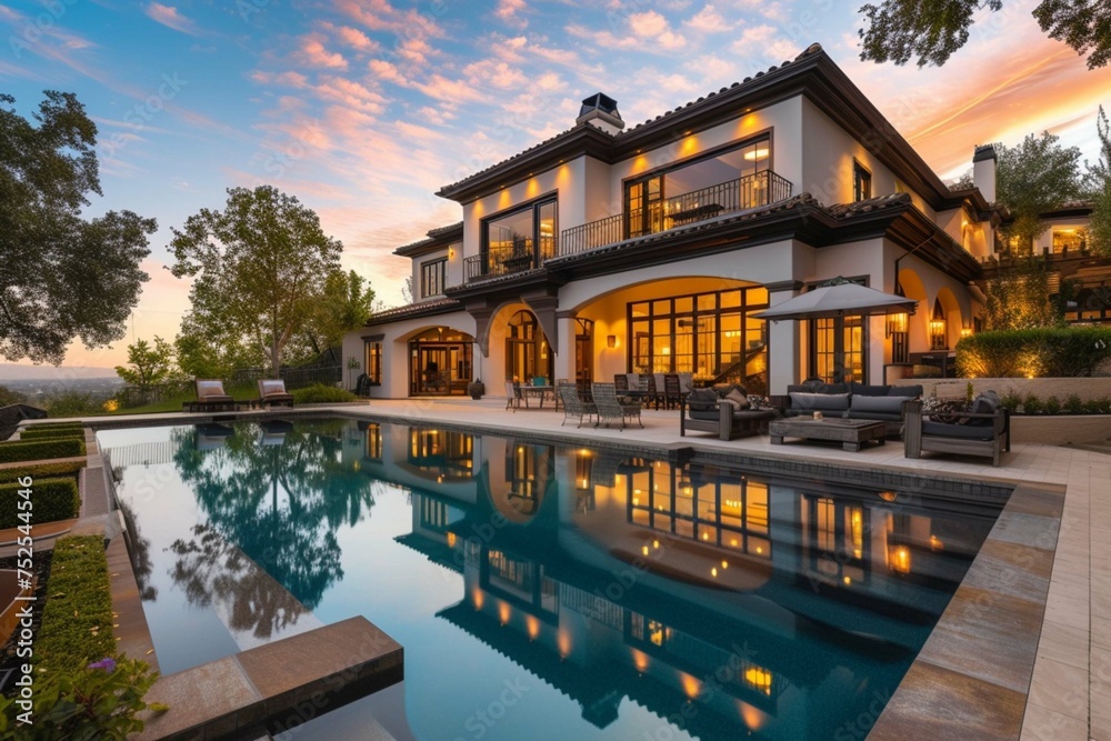 Fototapeta premium Spectacular Backyard Swimming Pool Designer home. Beautiful Exterior of New Home at Twilight.