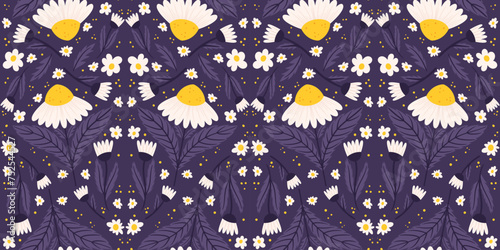 Seamless motif displaying daisies in midnight purple tones. Repetitive surface design of chamomile against a purple background