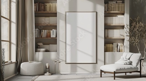 a modern library room, characterized by its minimalistic aesthetic and warm color palette of white, gray, and beige, an empty vertical photo frame on the wall, inviting high-detail mockup realism