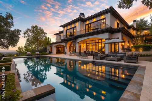 Spectacular Backyard Swimming Pool Designer home. Beautiful Exterior of New Home at Twilight. © Manzoor