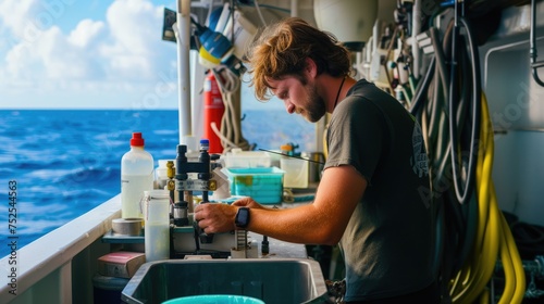 A marine scientist examines water samples on a research vessel, conducting environmental analysis on the open sea. AIG41