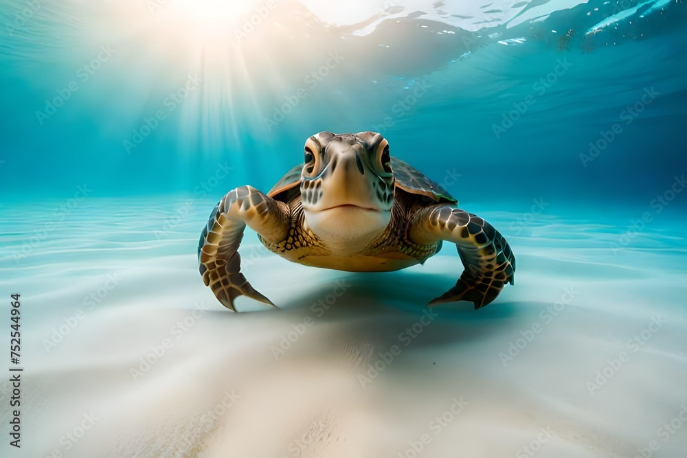 underwater photo of a turtle swimming in tropical sea water, underwater landscape, marine wildlife created with generative ai technology - obrazy, fototapety, plakaty 