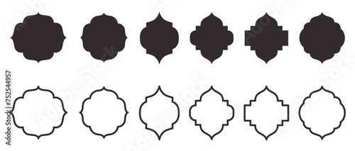 Collection of traditional Islamic window shapes. Set of Mosque Muslim frames in silhouette and outline
