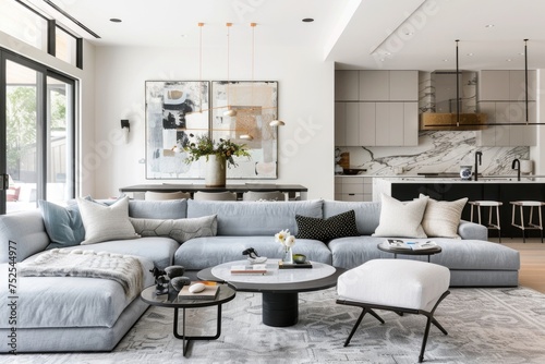 Contemporary Living Room with Plush Sectional and Sleek Kitchen Integration