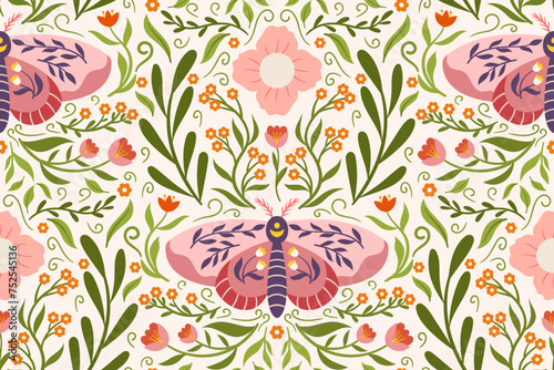 Continuous design featuring a whimsical moth, flowers, and leaves. Delicate folk-style Scandi pattern suitable for printing on fabric, wrapping paper, and other applications