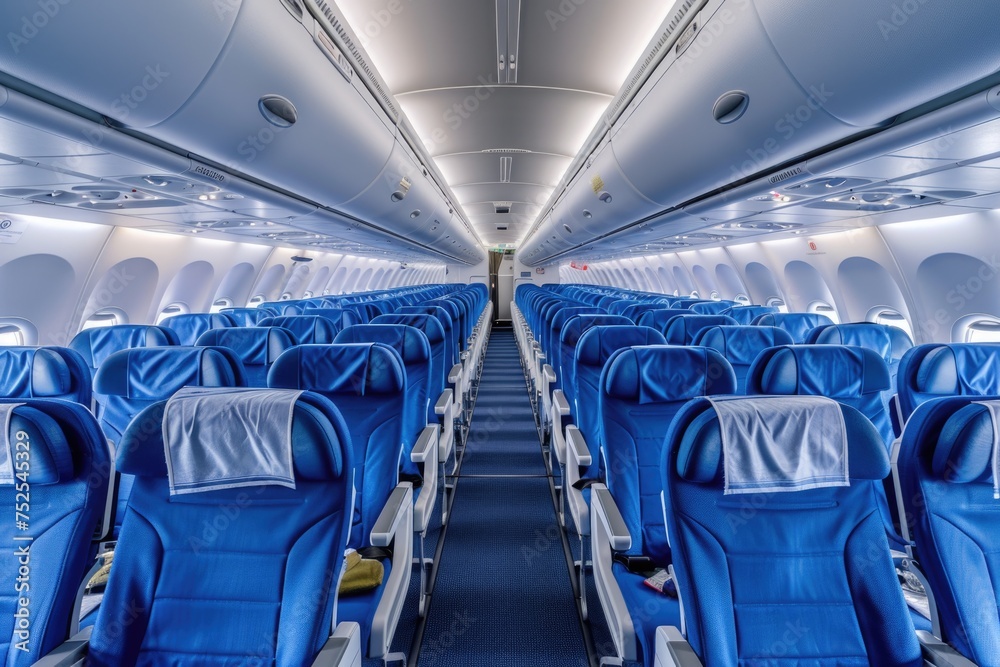Fototapeta premium Spacious Airplane Cabin Interior with Blue Economy Class Seats