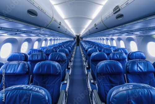 Spacious Airplane Cabin Interior with Blue Economy Class Seats