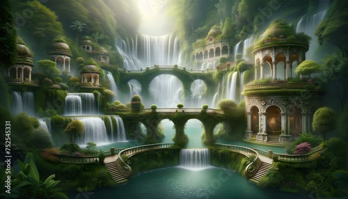 Mystical fantasy landscape with majestic waterfalls and enchanted palace