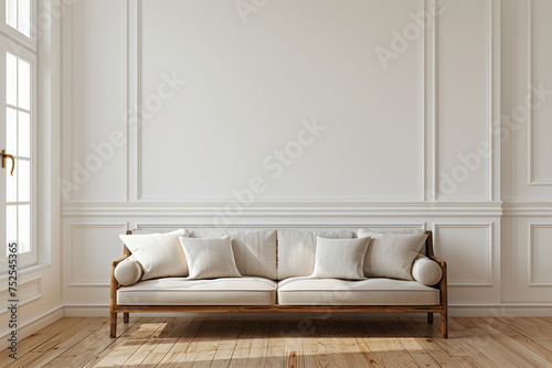 A white couch is positioned in a living room, situated next to a window. Monochrome interior for mockup, wall art. Promotion background with copyspace.