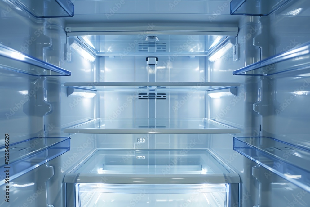 Empty Stainless Steel Refrigerator Interior with Shelves and LED Lighting