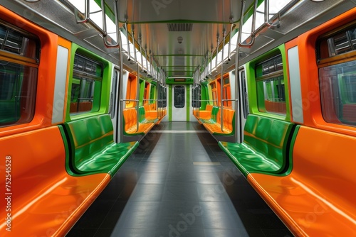 Bright and Clean Subway Train Interior with Orange and Green Seats