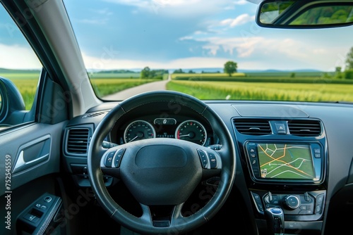 Scenic Drive Through Countryside - View from Car Interior with GPS Navigation © romanets_v