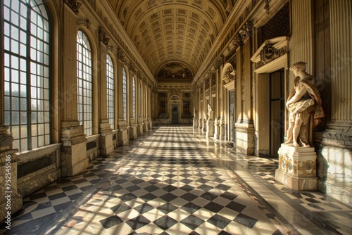 Elegant Palace Corridor with Statues and Checkered Floor
