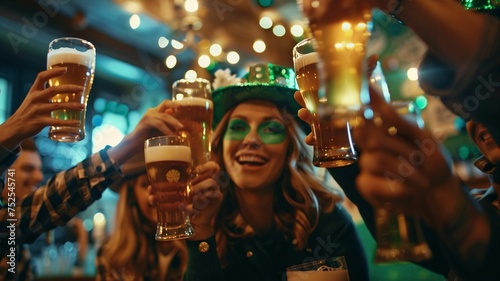 woman wear green hat hold a glass of beer in the bar