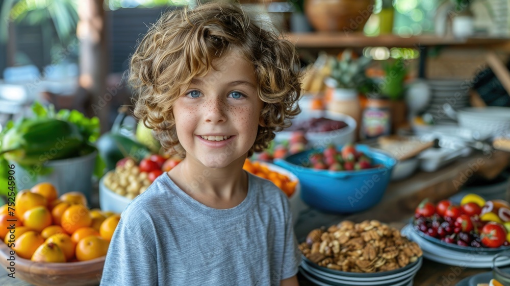 A happy, freckled boy enjoys the variety of fruits arranged around him, highlighting healthy lifestyle choices and the importance of incorporating natural foods into a child's diet.