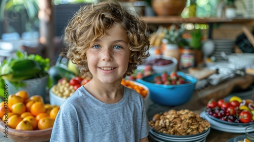 A happy, freckled boy enjoys the variety of fruits arranged around him, highlighting healthy lifestyle choices and the importance of incorporating natural foods into a child's diet.
