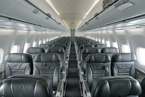 Commercial Airplane Cabin Interior with Rows of Black Leather Seats