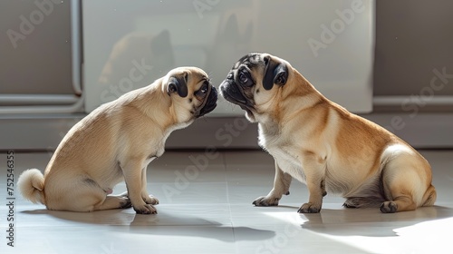a pug and a young brown pug dog as they play together on the floor, bathed in soft light against a light background.