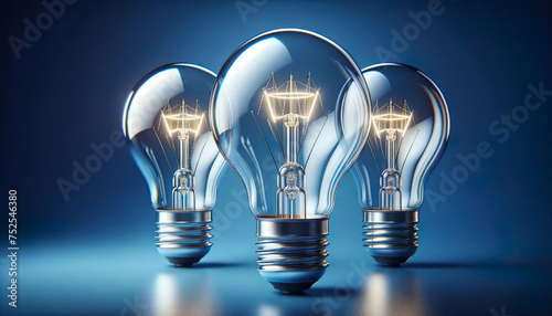 Three glowing light bulbs radiates brilliance against a serene blue background