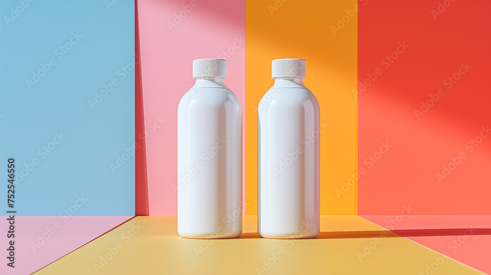 mockup of white plastic cans on a multicolored background mockup of white plastic cans on a multicolored background