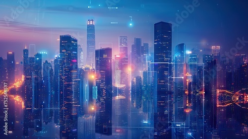Financial graphs and digital indicators overlap with modernistic urban area  skyscrabber for stock market business concept. Double exposure. AI generated illustration