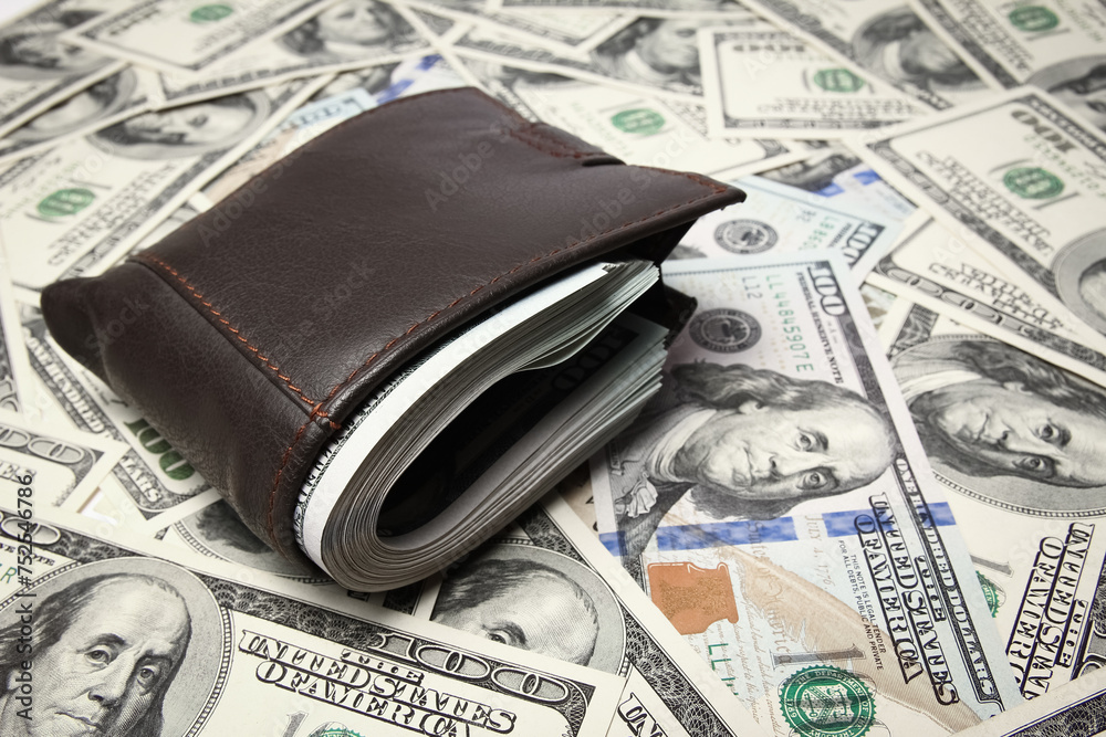 Money dollars in purse on money background Money dollars in purse on money background