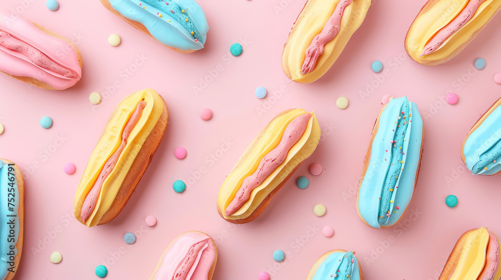 Fototapeta premium assorted colorful eclairs arranged on pastel pink background with candy decorations