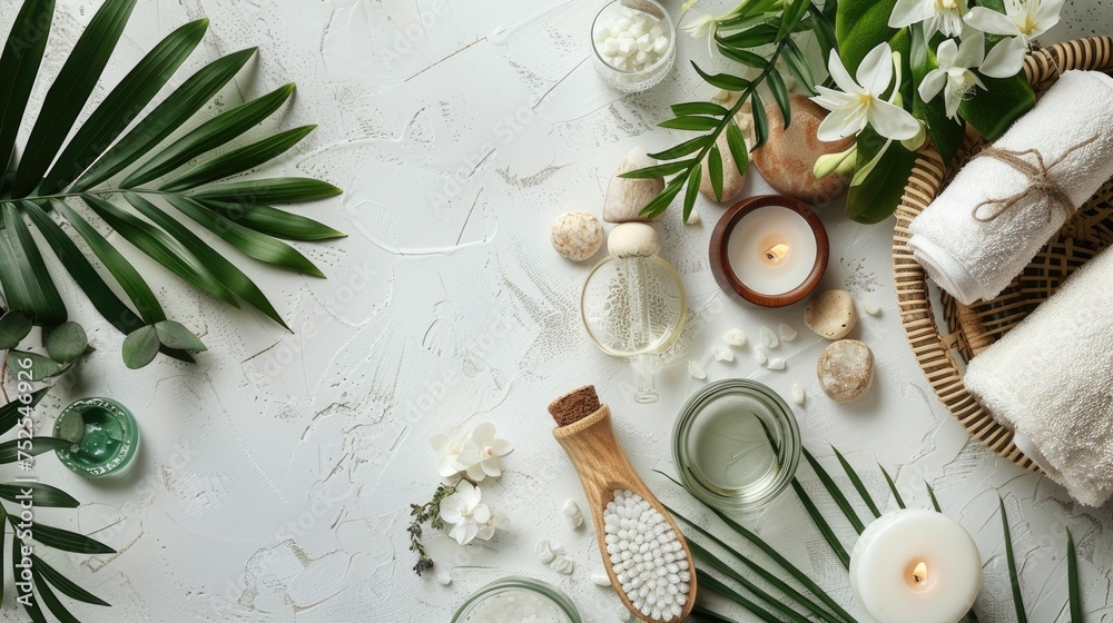 a flat lay photo of wellness aroma spa essentials, set against a template background, offering ample space for text or branding.