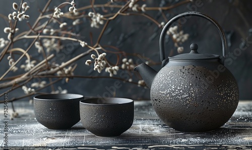 black tea pot, tea cups and a tree branch on the table with dark wall in the background.