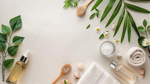 a flat lay photo of wellness aroma spa essentials, set against a template background, offering ample space for text or branding.