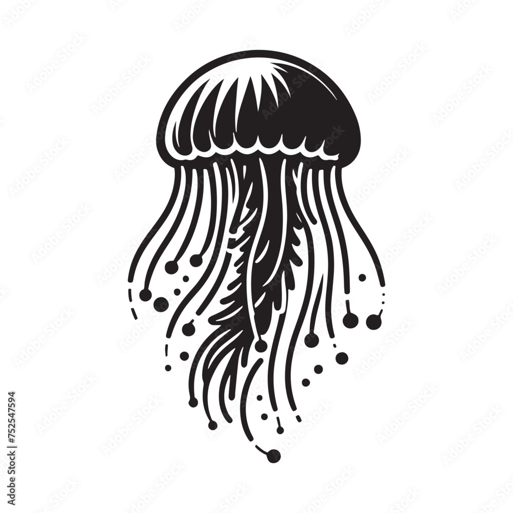Fluid Tranquility: Vector Jellyfish Silhouette - Capturing the Graceful Movement and Ethereal Beauty of Underwater Life. Minimalist black vector illustration. Fluid Tranquility: Vector Jellyfish Silhouette - Capturing the Graceful Movement and Ethereal Beauty of Underwater Life. Minimalist black vector illustration.