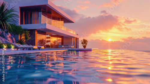 Modern vacation home with infinity pool in the sunset © Claudia Nass