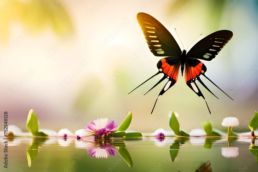 Fototapeta premium butterfly on a flower, blurred background, macro photography created with generative ai technology