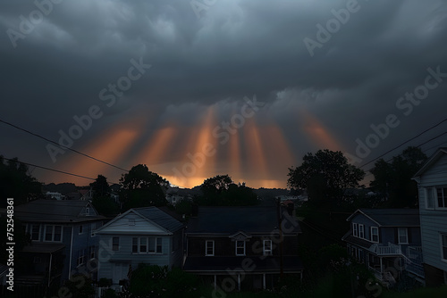 Sun Shining Through Clouds Over Houses