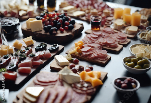 Appetizers table with differents antipasti cheese charcuterie snacks and wine Sausage ham tapas olives Brunch